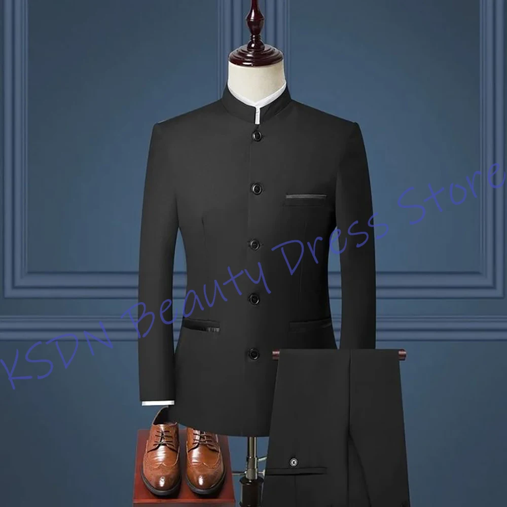 

Classic Black Mandarin Collar Formal Men's Suits Single Breasted Two Piece Set Business Elegant Blazer Wedding Groom Attire