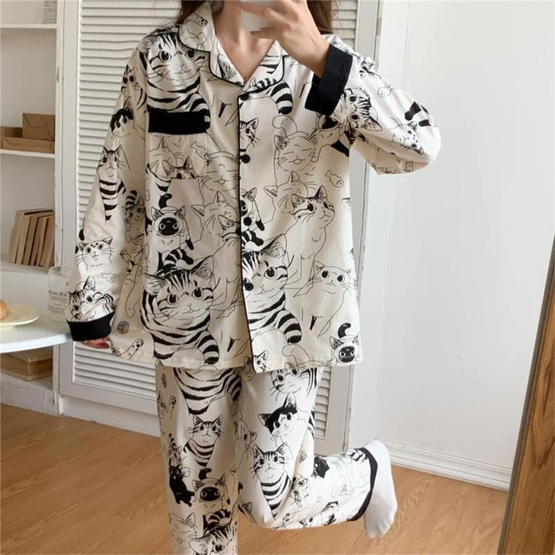 Spring Autumn 2024 Cartoon Cats Print Pajama Set Women Two Pieces Long Sleeve Full Length Pants Trousers Sleepwear 312908