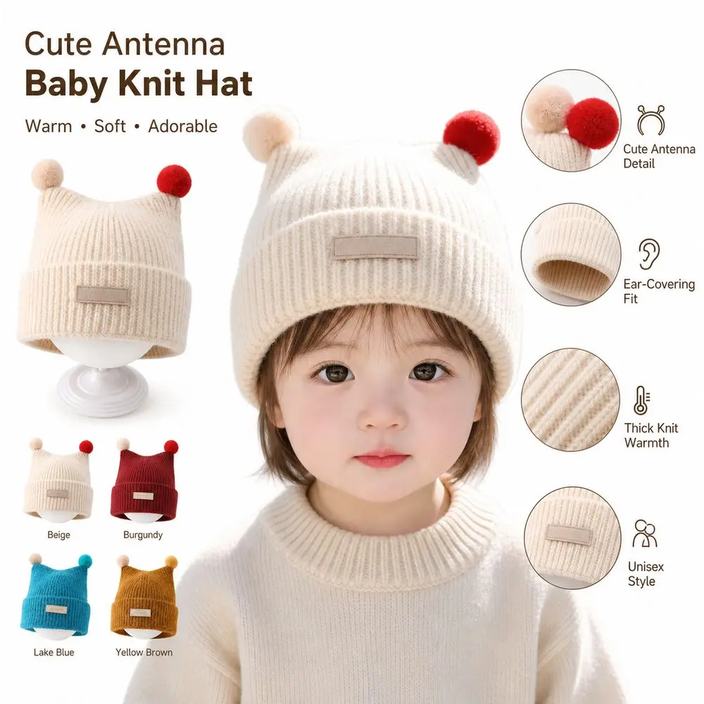 New Mushroom Ball Knit Hat Thickened Ear-Covering Infant Winter Hat Cute Style Antenna Earflap Hat for Boys
