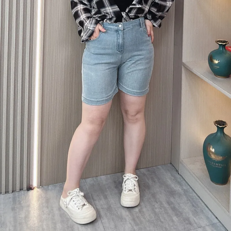 Blue Lyocell Denim Shorts Women 2024 New Summer Plus Size Jeans High Waist Stretch Casual Hot Pants