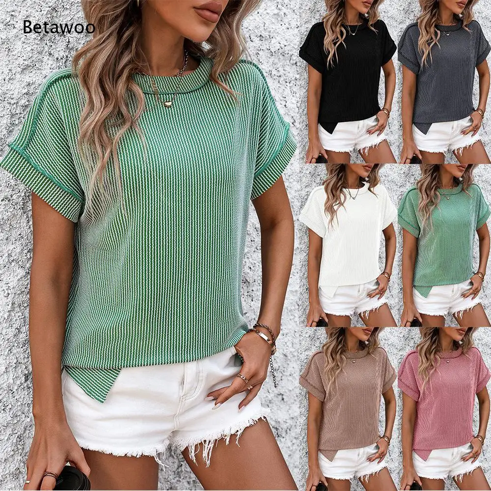 Women Round Neck Ribbed Rolled Short Sleeve Irregular Hem Casual Daily Lifestyle Top