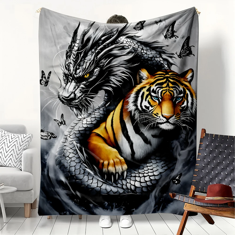 1 Stück Tierdecke mit Tiger- und Drachenmotiv, dünne Flanelldecken für Zuhause, Büro, Reisen, Camping, perfekte Geschenke für den Einsatz in vier Jahreszeiten