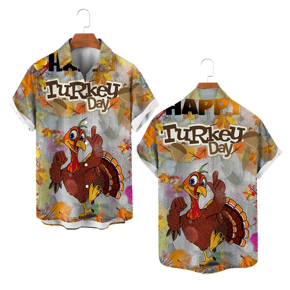 Funny Turkey 3D Print Thanksgiving Shirt Street Fashion Popular Lapel Buttons Tops Unisex Casual Holiday Short Sleeve Blouse