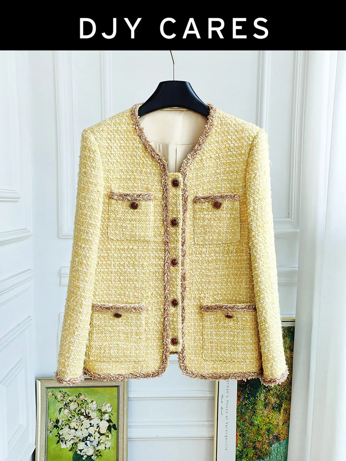New Gentle yellow delicate floral woolen small fragrant style jacket design top big  size