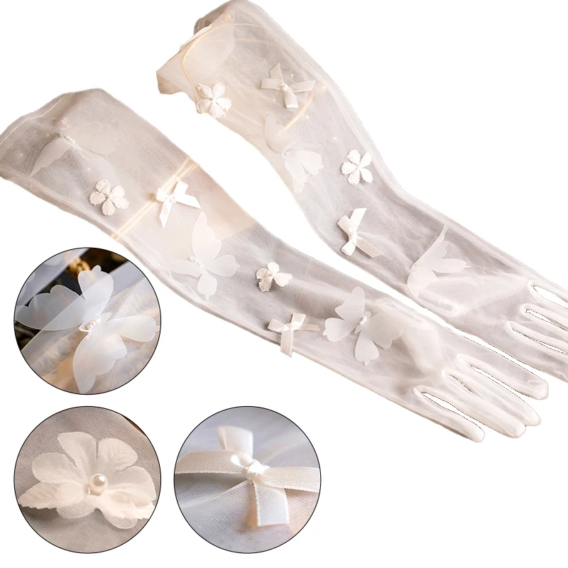 

1 Pair Wedding Bride Gloves Pearls Beaded Flower Bow Feather Design Elbow Covers Women Bride Party Dress Accessories