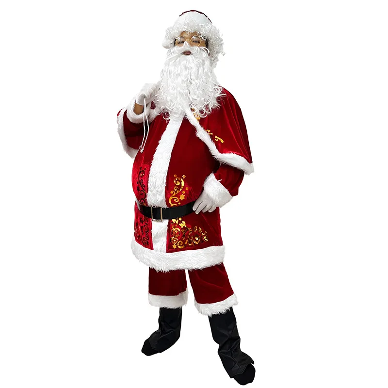 Santa Claus Costume Adult Men Christmas Outfit Beard Hat Set Stage Carnival Suit Xmas Party Wear Festive Holiday Disfraz Navidad