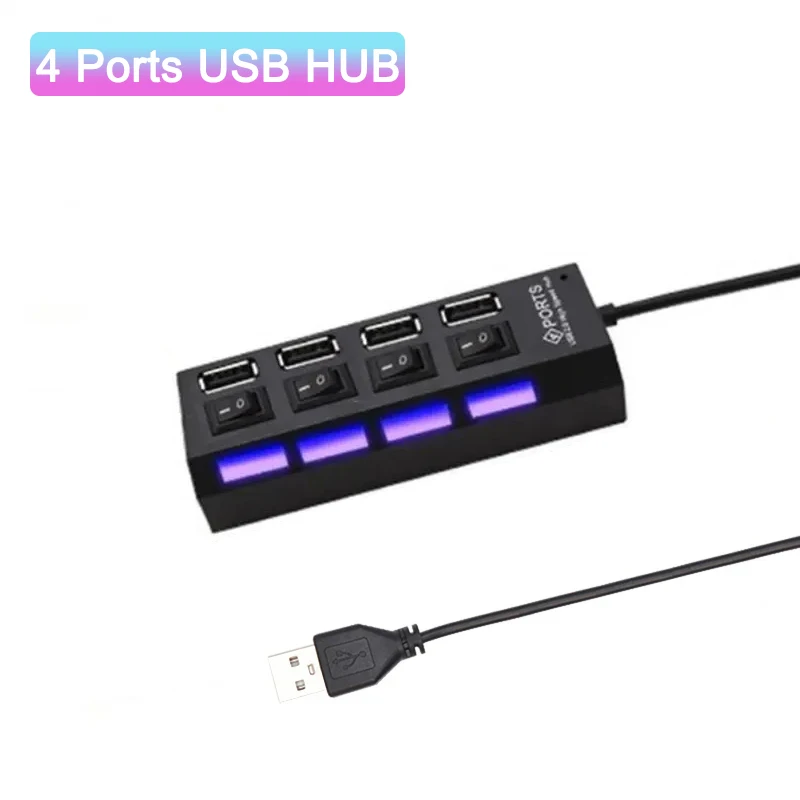 High Speed 4 Ports USB HUB 2.0 Adapter Expander 4 In 1 Multi USB Splitter Multiple Extender with LED Lamp Switch for PC Laptops