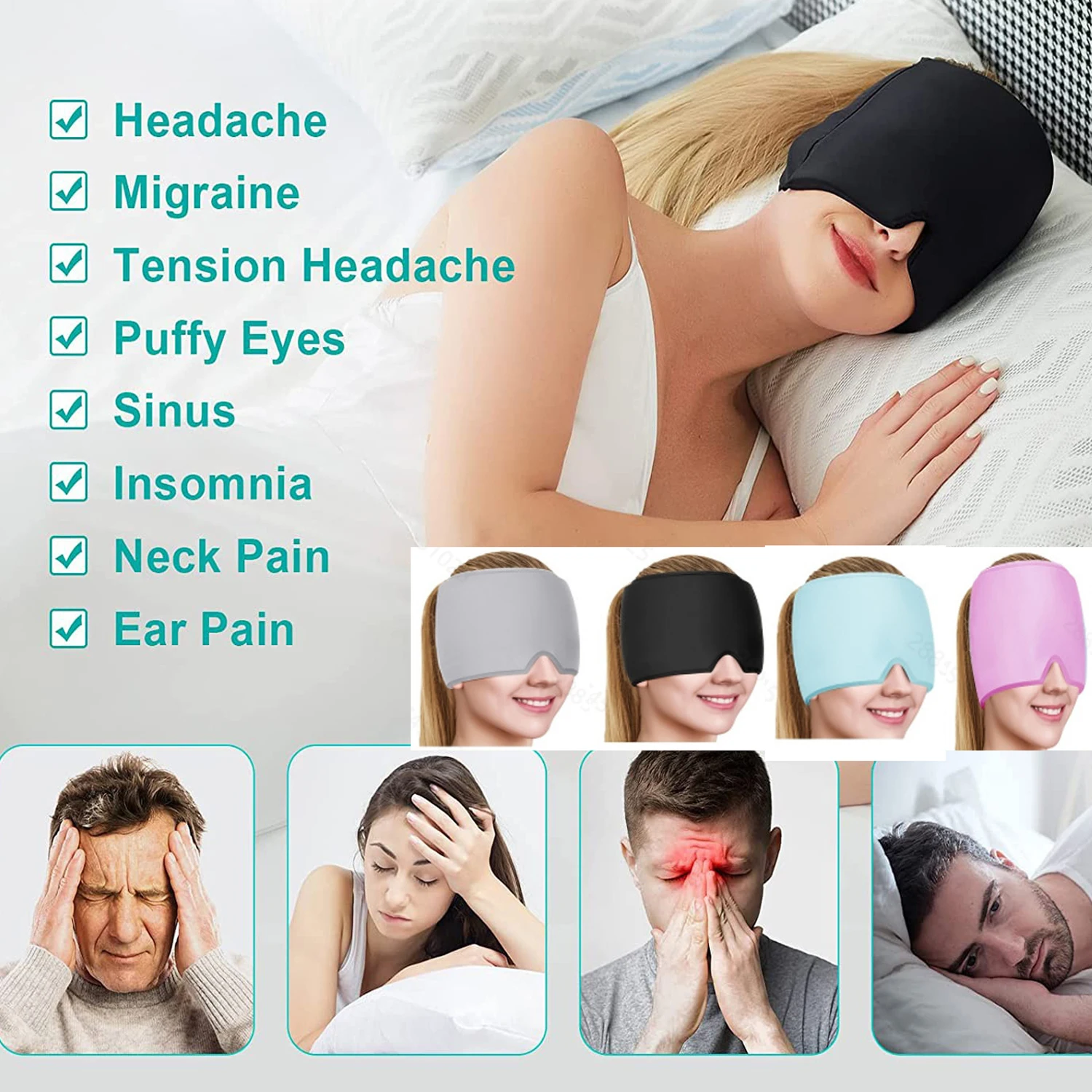 Headache Relief Mask Headache Hat for MigraineTherapy Cap Ice Head Wrap Pack Mask Hot and Cold Headache and Migraine Relief Cap