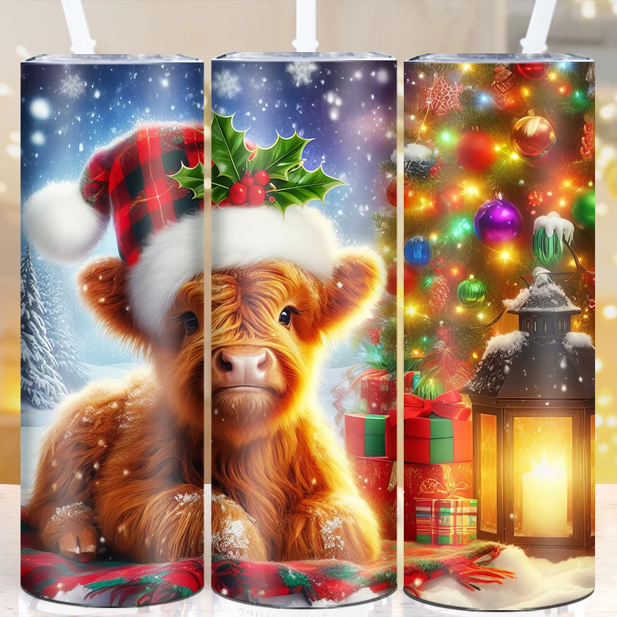 20oz Party Vacuum Tumblers Straw Lid 3D Print Christmas Highland Cow Party Tumbler Stainless Hot Cold Insulated Mugs Party Gift