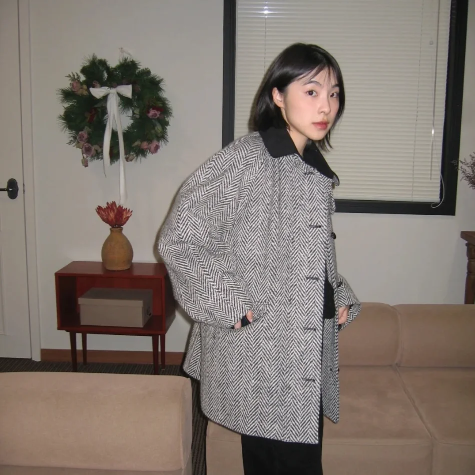 معطف صوفي من Thiened مع ياقة مدببة ونمط تويد من القطن للنساء للتنقل طويل Sve #4