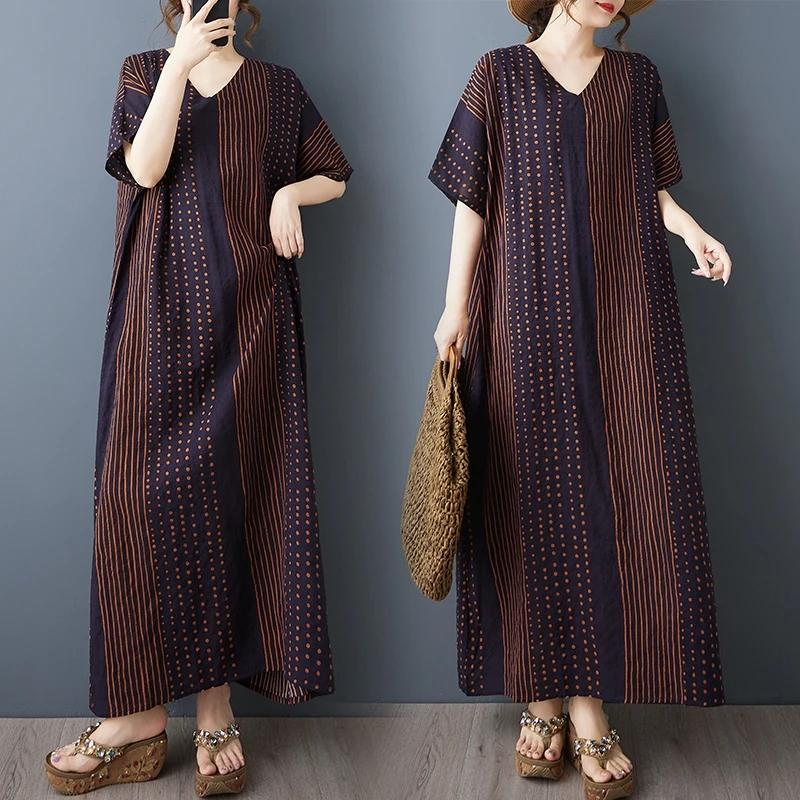 

Свободное хлопково-льняное платье в стиле ретро, утягивающее длинное платье с v-образным вырезом в вертикальную полоску k, синее повседневное летнее платье для женщин больших размеров