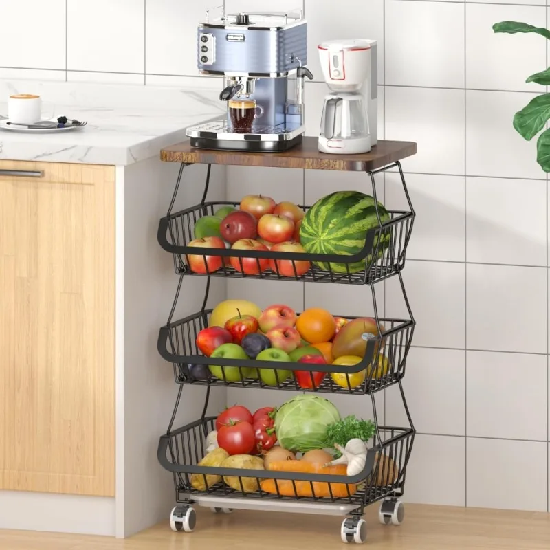 

Корзина для фруктов с деревянной крышкой для кухни, 5-уровневая штабелируемая проволочная корзина для хранения фруктов и овощей, подставка-органайзер на колесиках
