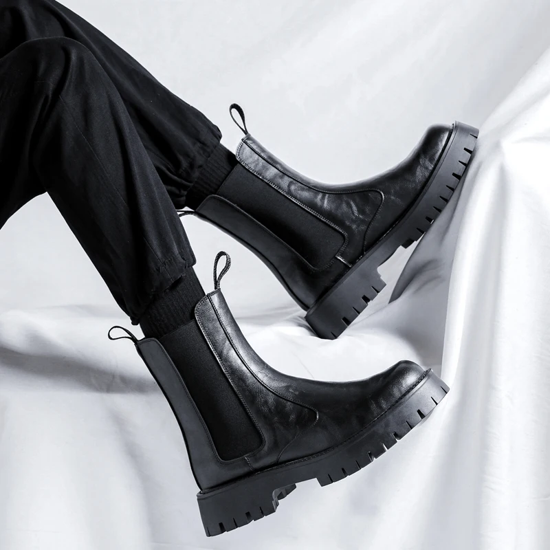 

mens fashion chelsea boots black brown genuine leather shoes high top cowboy boot stage nightclub platform motorcycle botas man