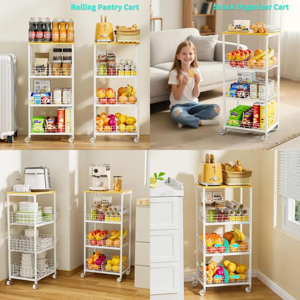 

4-Tier Rolling Fruit and Vegetable Storage Cart with Dividers, White, for Kitchen and Coffee Station Organization