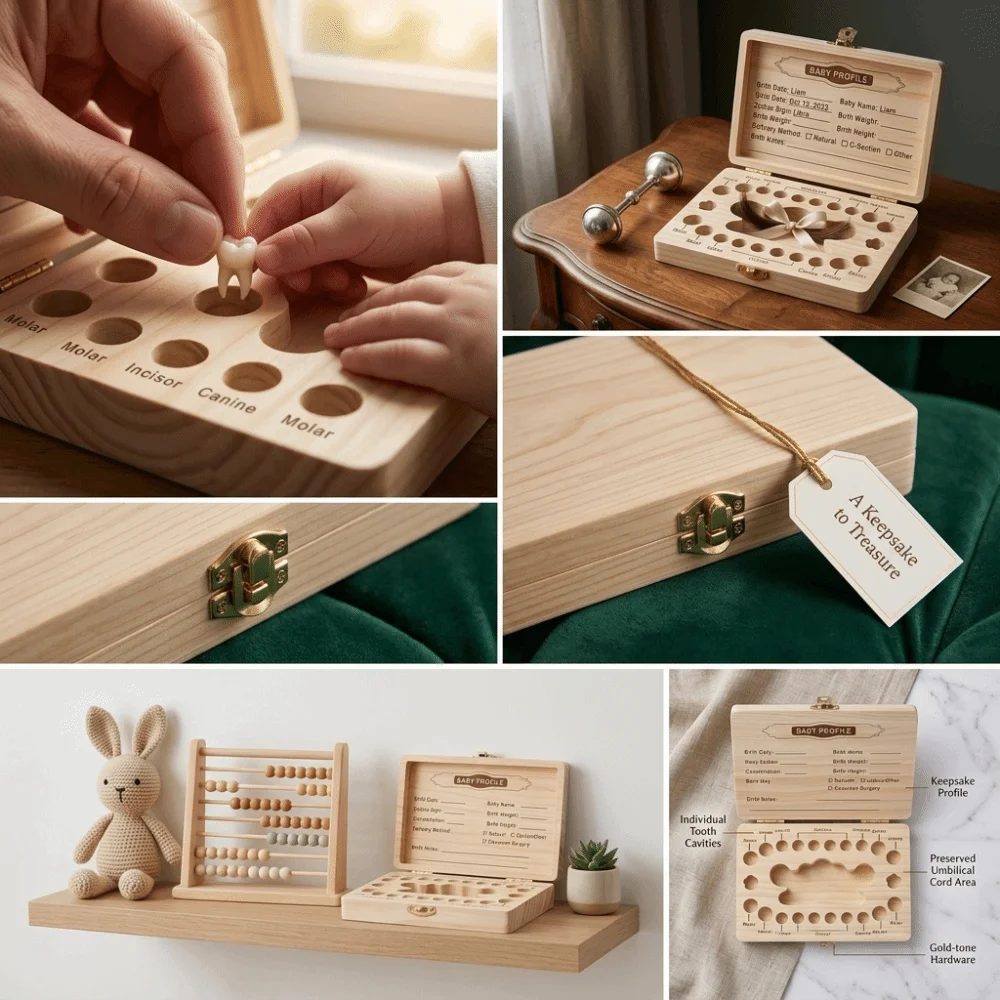 Wooden Baby Teeth Keepsake Box Smooth Wood Material Dedicated Compartments Infant Milk Teeth Storage Box Well-Structured Compact