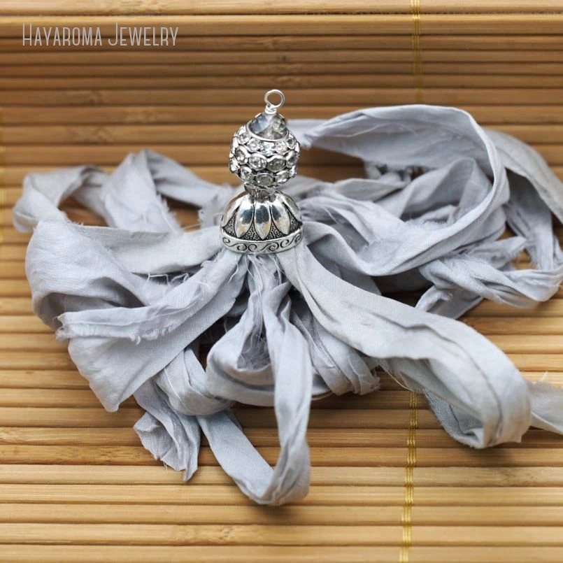 12Pcs Half Moon Wholesale Vintage Tassel Jewelry Antique Silver Color Yarn Silk Sari Pendant PM8969