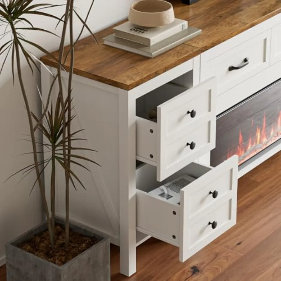 Suporte de TV com lareira de 83 polegadas para TVs de até 95 polegadasCentro de entretenimento moderno com 50 lareiras elétricas Console de TV branco com St