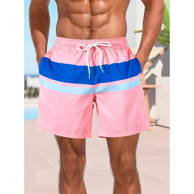 Pantaloncini da spiaggia con motivo a strisce colorate per uomo Cuciture colorate Costume da bagno stampato in 3D Pantaloncini da surf estivi Hawaii Pantaloni corti larghi