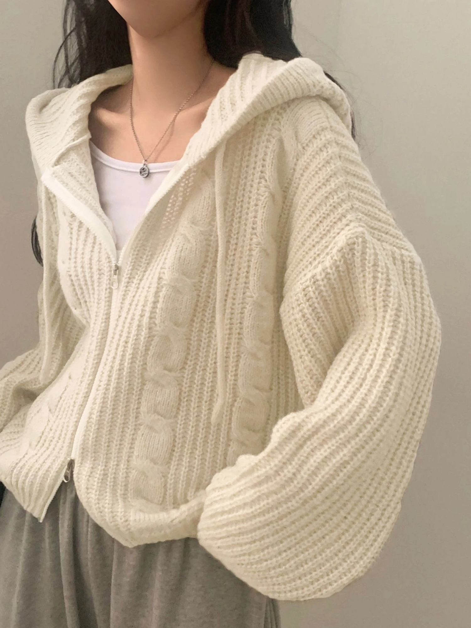 Loose Fit Korean Style Lazy Hat Double Zipper Twist Knitted Open Cardigan Women's Autumn Winter Short Size Small Sweater Jacket