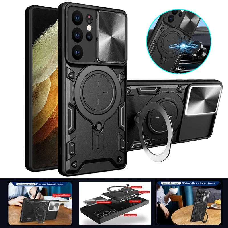 For Samsung Galaxy S21 Ultra Case Armor Magnet Holder Ring Lens Protect Phone Case For Samsung S20 S21 FE S21 + Plus Back Cover