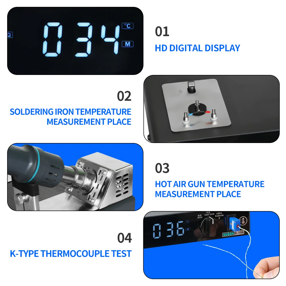 SUGON S-196 Hot Air Gun Soldering Iron C/F Temperature Tester K-type Sensor Thermocouple Calibrator for Welding Rework Station