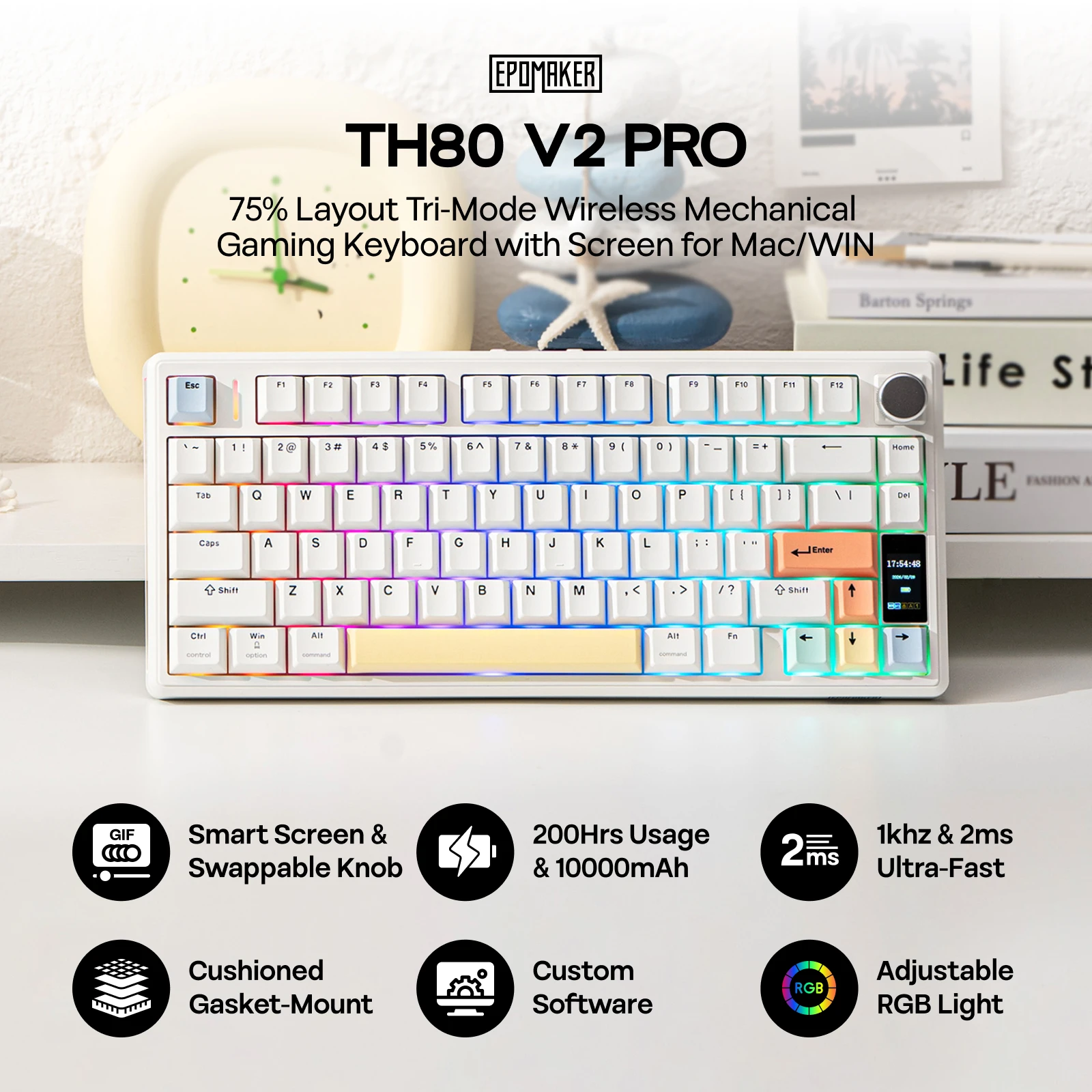 EPOMAKER TH80 V2 PRO 75% ANSI US QWERTY Układ Hot-Swap Gasket Tri-mode Bezprzewodowa Mechaniczna Klawiatura Gamingowa z Podświetleniem RGB — zdjęcie produktu 2