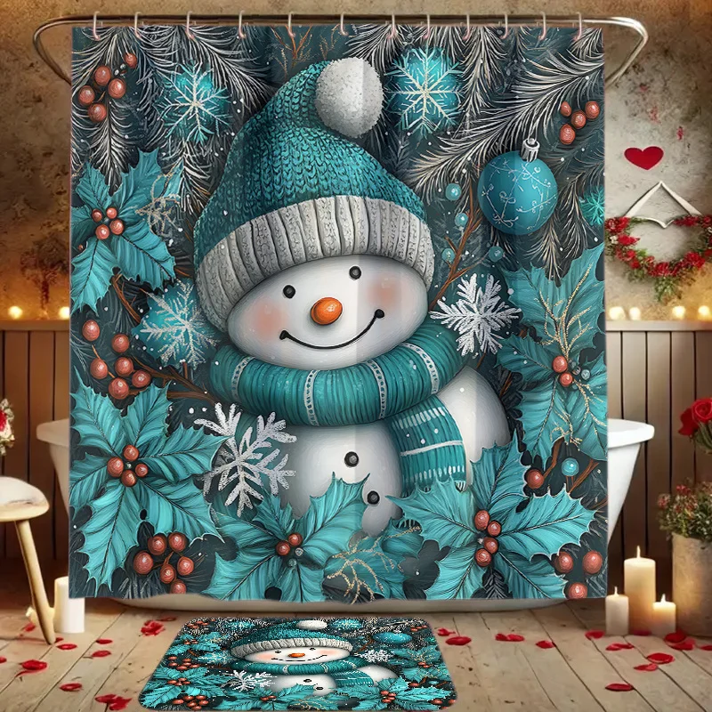 4PCS Blue Snowman Bathroom Set – Shower Curtain Non-Slip Mat Toilet Seat Cover Rug 12 Plastic Hooks Home Decor