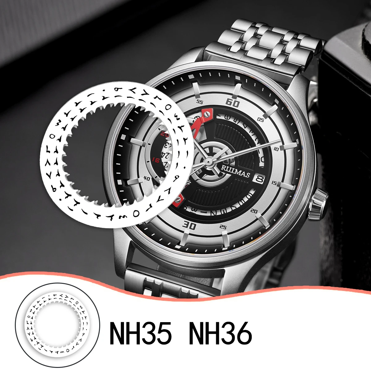 Black/White Date Week Wheel NH35 NH36 Movement Arabic Movement Dial Fits NH35 NH36 Automatic Movement Crown at  3.8 oclock