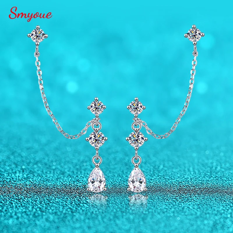 

Smyoue Round/pear Cut Full Moissanite Tassel Stud Earring for Women 8 Gems Wedding Jewelry 925 Solid Silver Plated 18K Wholesale