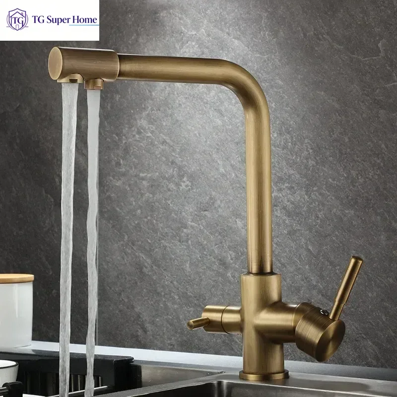 Brass Vintage Kitchen Faucet Pull Out Rotatable Hot Cold Water Mixer Tap 2 in 1 Drinking Water Purifier Tap for EU