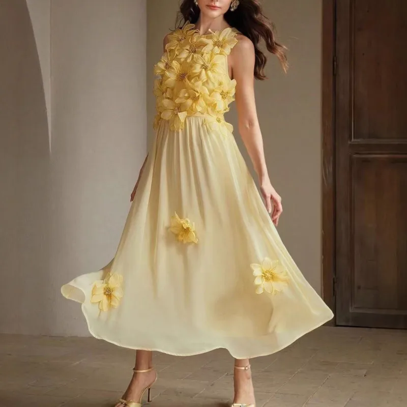 Qmqa moda feminina elegante estilo férias colete vestido em torno do pescoço cintura alta magro tridimensional floral vestidos elegantes qm761