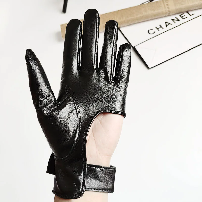 Genuine Leather Hollow Out Gloves Women's Performance Cosplay Dance Gloves Punk Festival Party Full Finger Gloves