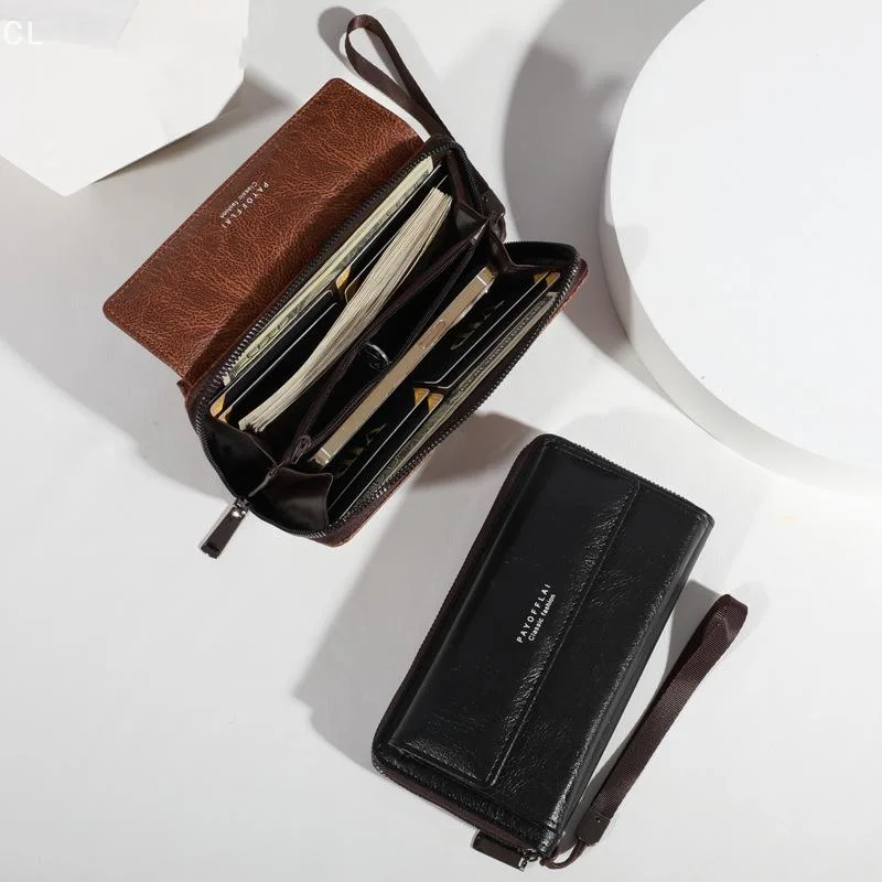 Men's PU Zipper Handbag Large Capacity Long Wallet Clutch Bag Phone Bag Multi Card Card Holder Coin Purse Wallet Double Layer