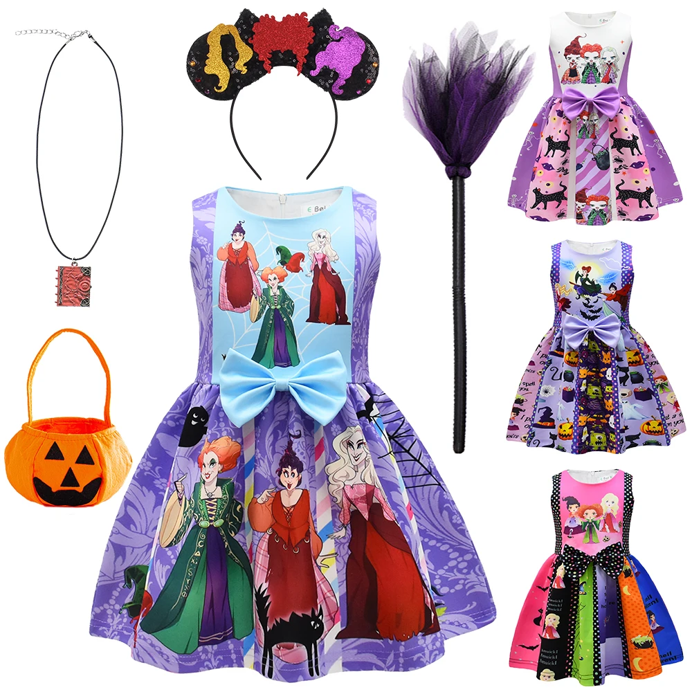 2022 Halloween Children Witch Costume Kids Winifred Sarah Mary Sanderson Sisters Dress Up Summer Girls Bow Cartoon Print Dresses