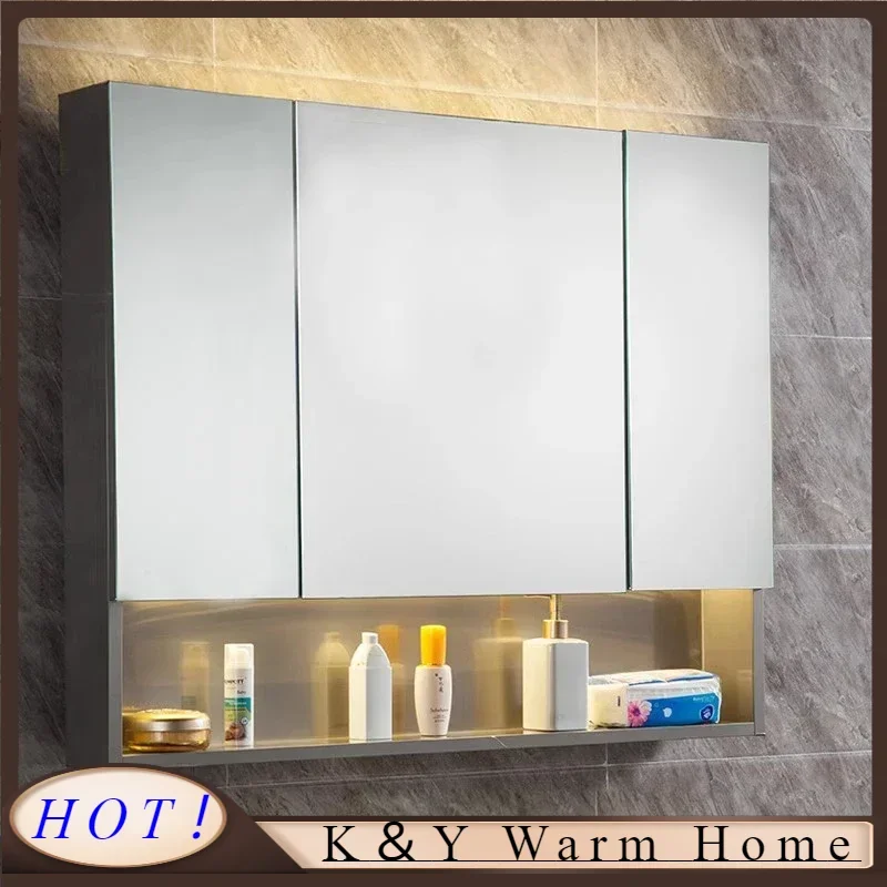 

Stainless Steel Smart Bathroom Cabinets Wall-mounted with Lamp Storage Shelves Mirror Cabinets Home Furniture