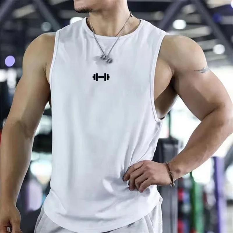 Men Mesh Breathable Gym Tank Top Print Sleeveless T-shirt Quick Dry Running Fitness Vest Workout summer round collar men tops
