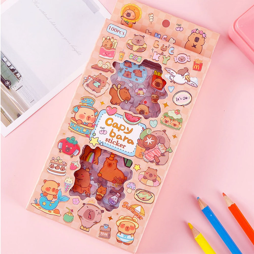 100 قطعة/صندوق مضحك لطيف الكرتون كابيبارا ملصقات الحيوانات الأليفة الجمالية الزخرفية سجل القصاصات الأمتعة الهاتف طفل DIY ملصق مضاد للمياه اللعب