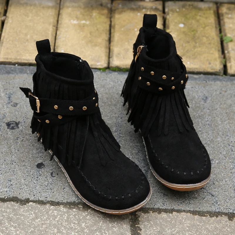 Women's Shoes on Sale 2023 High Quality Zip Tassels  Women's Boots Trend Simple Short Boots Solid  Round Head Women's Boots