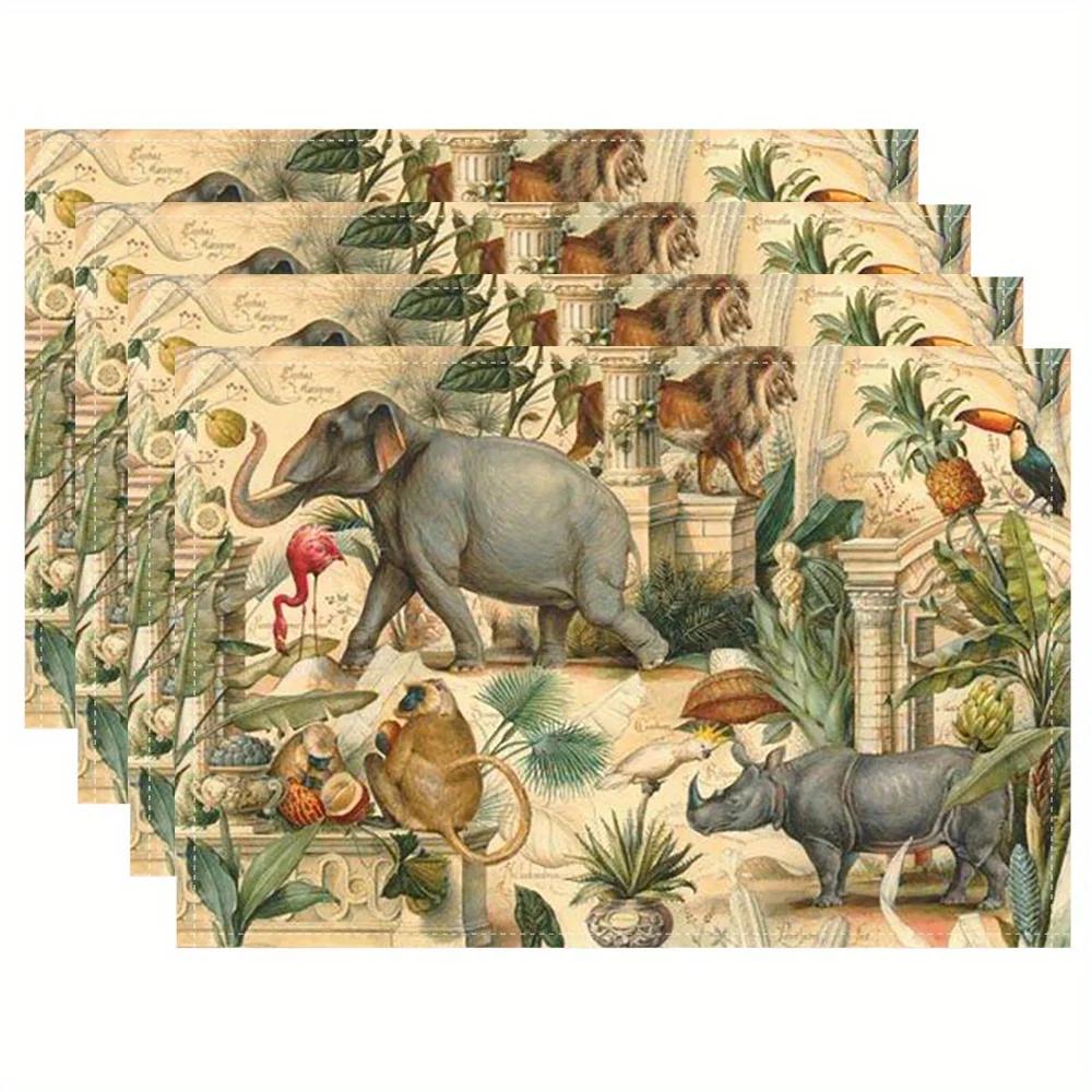 Set of 4, Exotic Animals Jungle Safari Placemats Set of 4 Vintage Illustration Linen Table Mats for Themed Parties