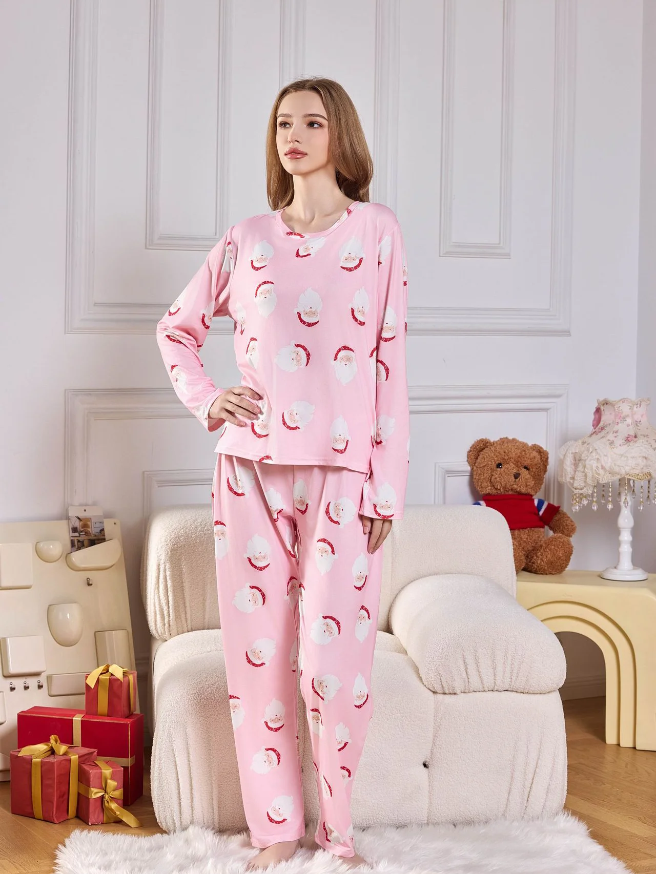 Christmas dress Santa Print women\'s crew neck pink long sleeve T-shirt top and trousers casual women\'s pajamas set