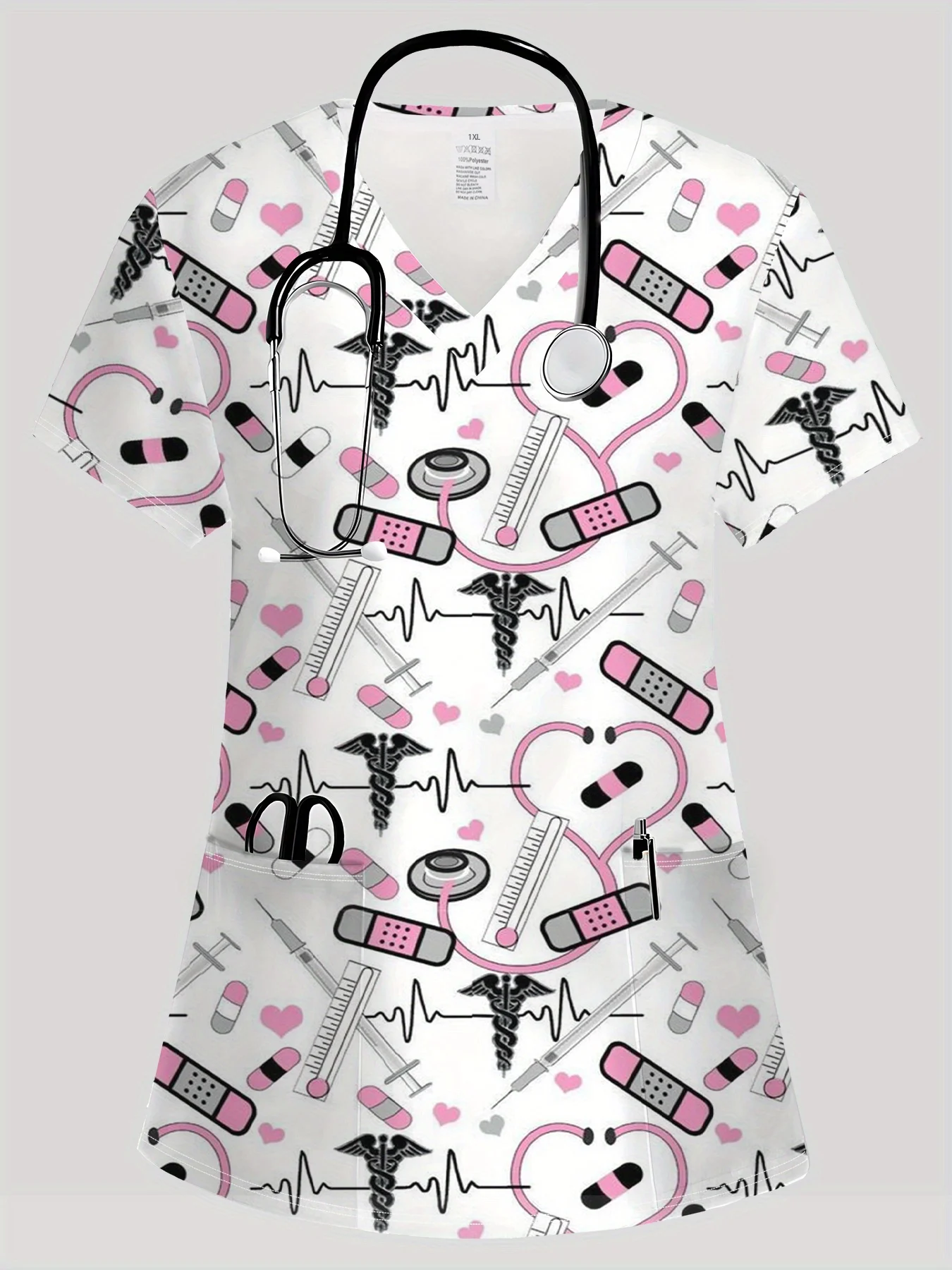 Women's Ice Cream Heart 3D Print with Pockets V-Neck Nurse Uniform Women Clothing Casual Style Cartoon Pattern Workwear