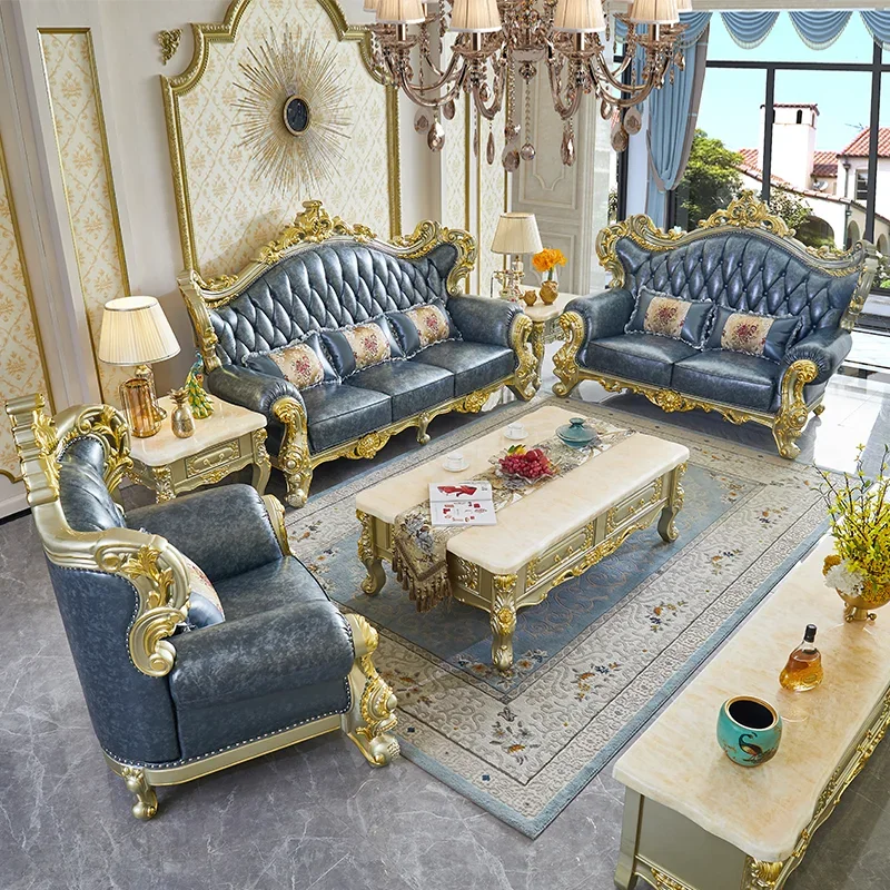 European style leather sofa, living room, whole house villa, top floor cowhide solid wood sofa set
