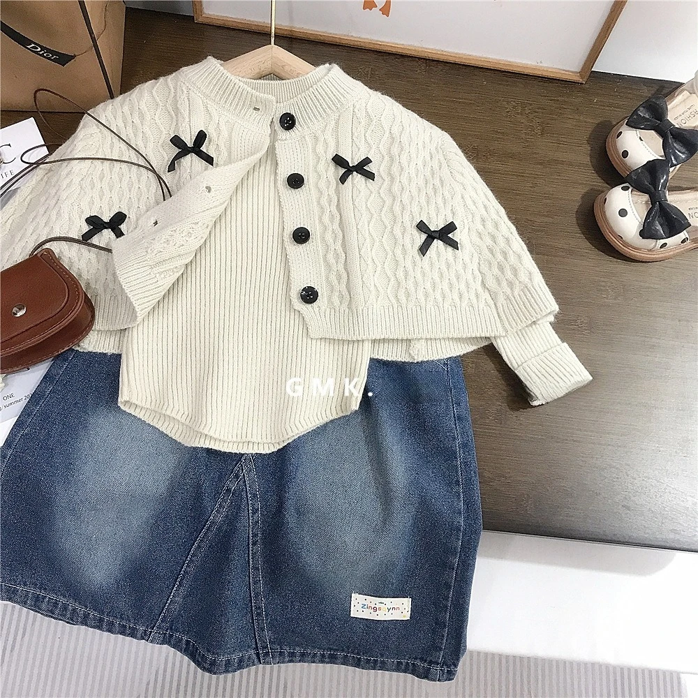 Girls cape shawl jumper set new children's fashionable knitwear female baby bottoming shirt two-piece set