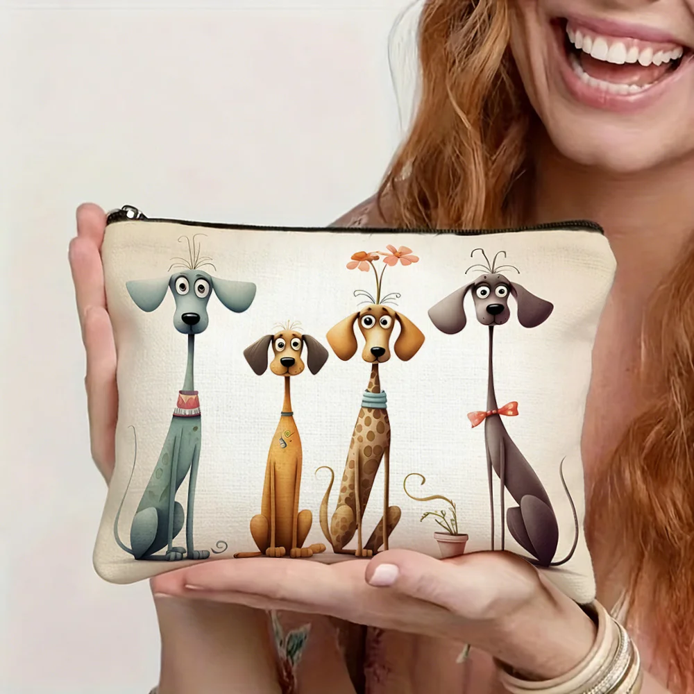 Cute Cartoon Long Dog Print Canvas Cosmetic Bag Funny Puppy Pattern Zipper Pouch Makeup Storage Travel Organizer