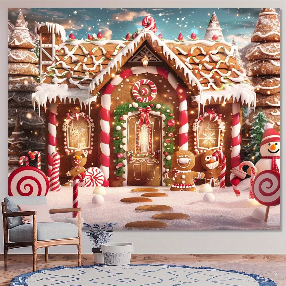 Merry Christmas Gingerbread House and Snow Tree Background Cloth - Indoor and Outdoor Photography Background Banner