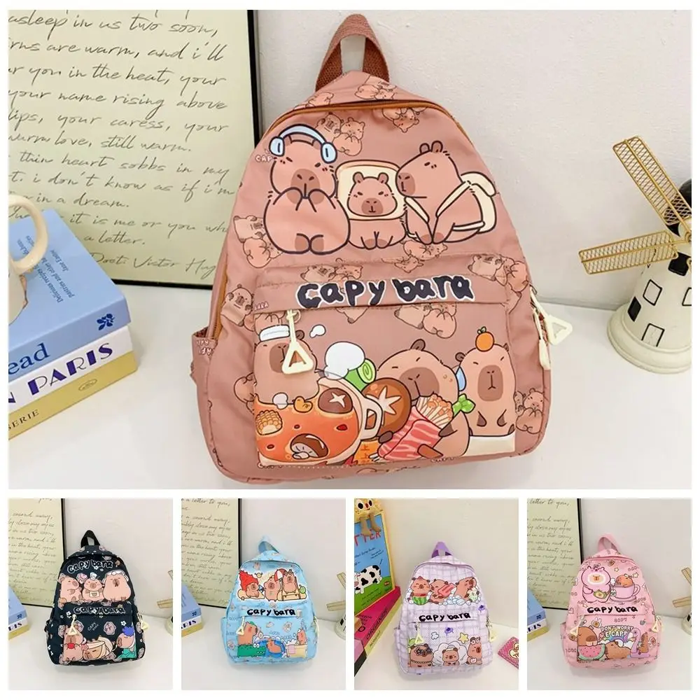 Thickened Capybara Backpack Wide Straps Nylon Cartoon Animal Daypack Foldable Multi Functional Large Capacity School Bag Kids