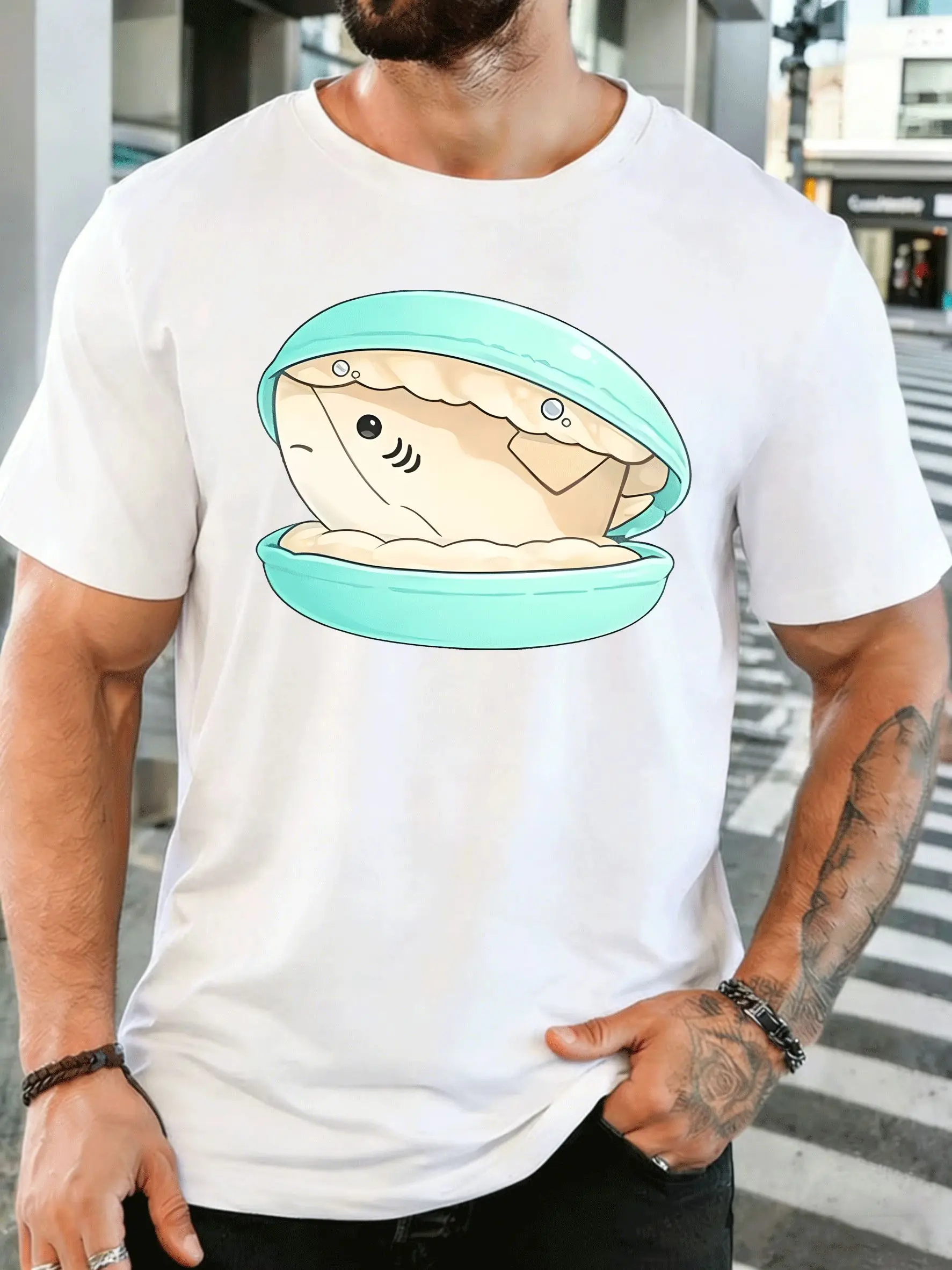 Men Short Sleeve T Shirt Cute Clam Pearl Graphic Tee Sea Animal Print Tops Summer Soft Cotton Casual Street Wear For Adult Male