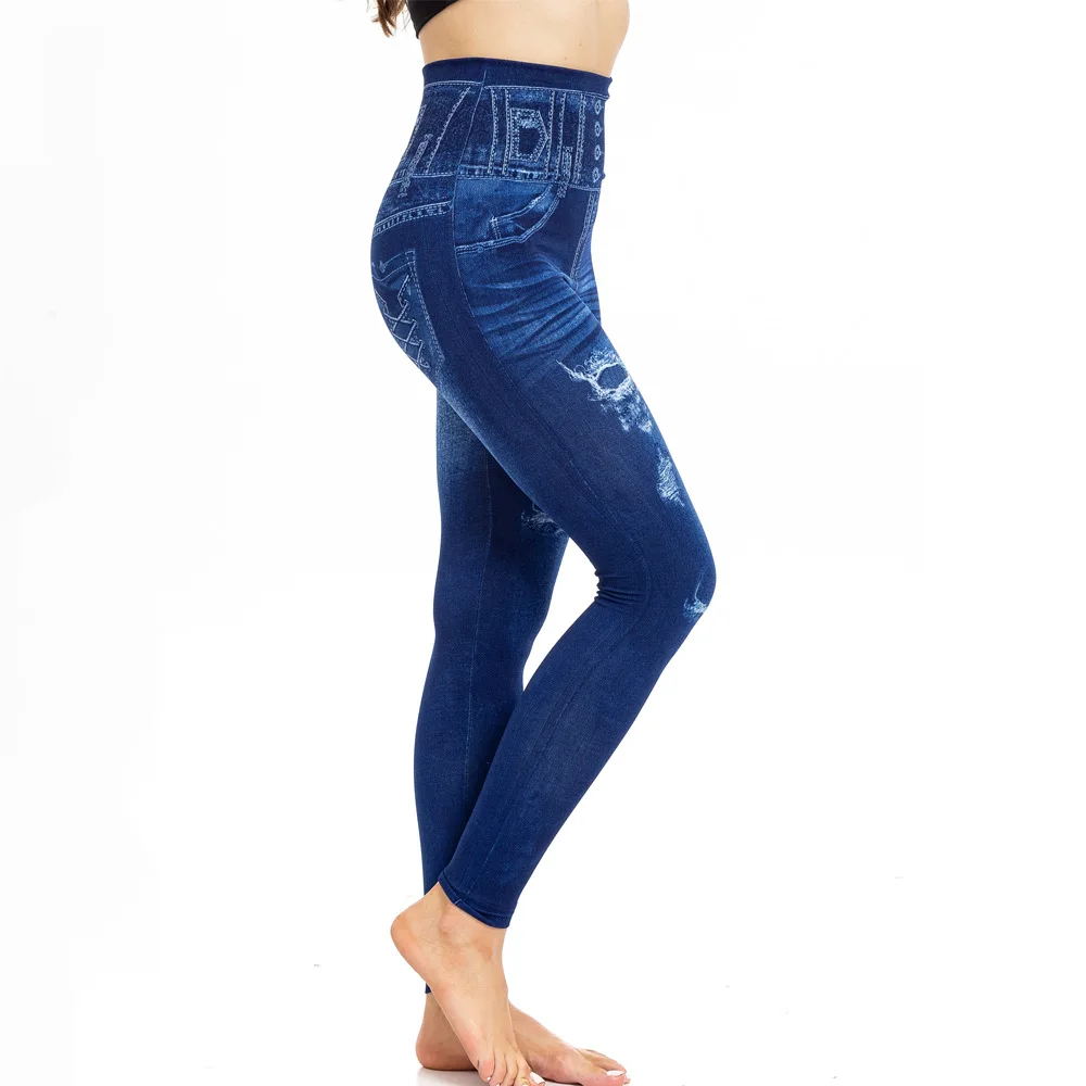 ヨーロッパとアメリカのカジュアルファッション、イミテーションデニムレギンス、高伸縮性クロップドパンツ（女性用）