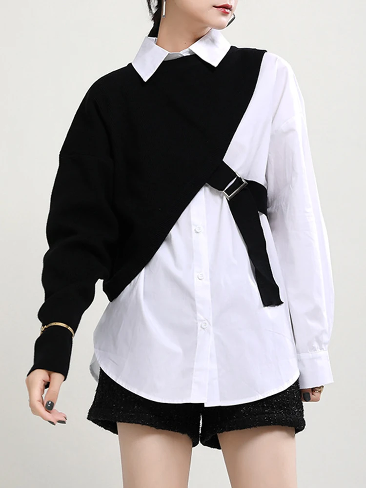 [EAM] Women Black Knitting Irregular Buckle Big Size Blouse New Lapel Long Sleeve Shirt Fashion Tide Spring Autumn 2024 1DH5343