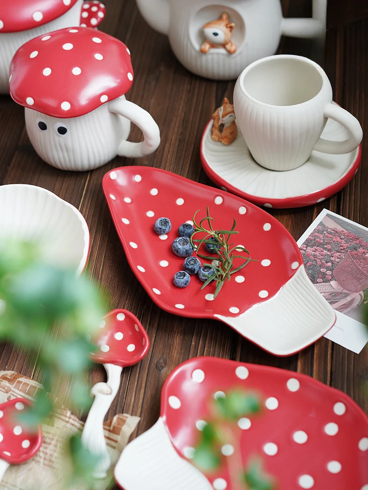 Cute Red Mushroom Ceramic Tableware Coffee Cup Afternoon Tea Set Set Creative Cartoon Dim Sum Plate Rice Bowl Salad Bowl